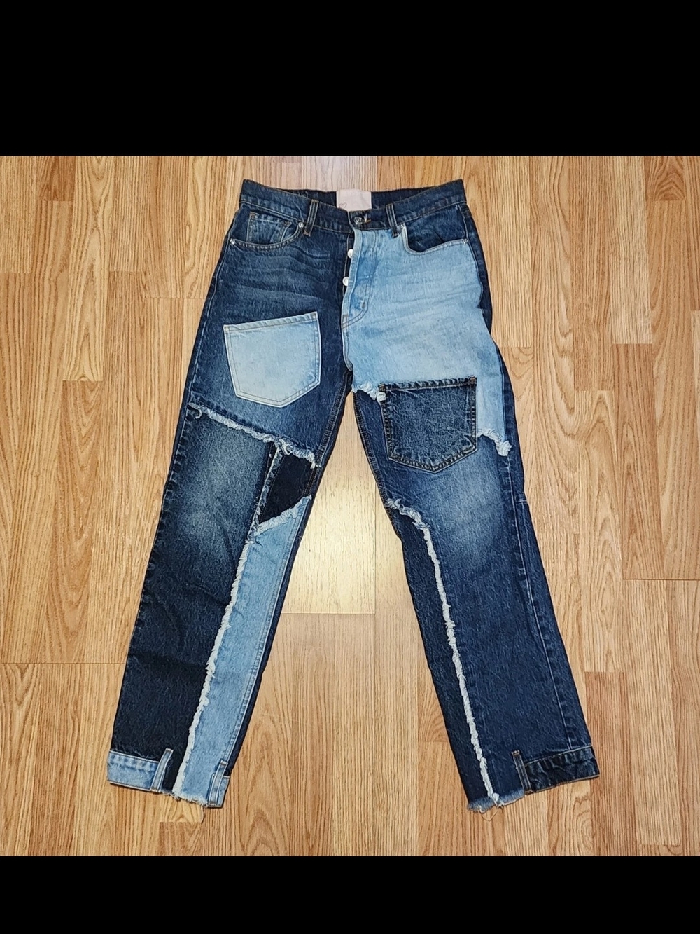 REVICE Women’s Patchwork Boyfriend Jeans - Mixed Blue Denim Sz 28